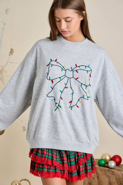 Grey Holiday Sweatshirt with Bow Christmas Lights embroidery