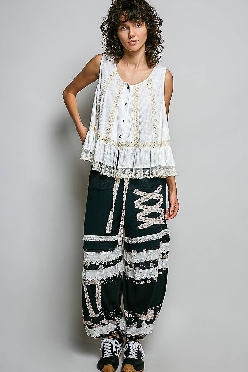 Pol Clothing - Metal Button Down Lace Trim Ruffle Round Neck Sleeveless