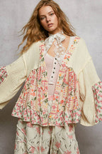 Pol Clothing - Double Gauze Floral Roomy Fit Open Cardigan with V-Back
