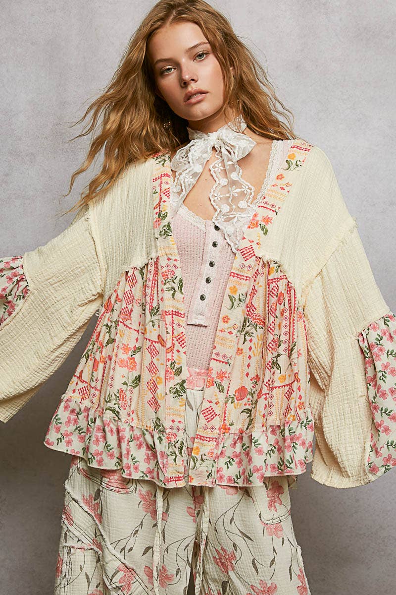 Pol Clothing - Double Gauze Floral Roomy Fit Open Cardigan with V-Back