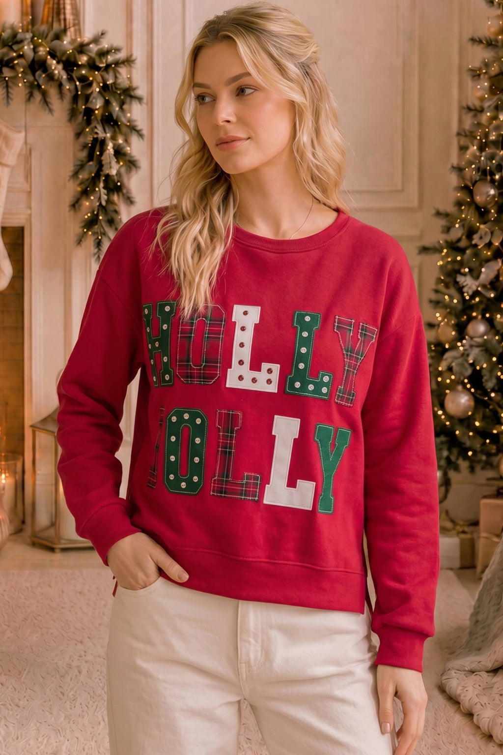 Holly Jolly Patchwork Graphic Holiday Sweatshirt-Main Strip