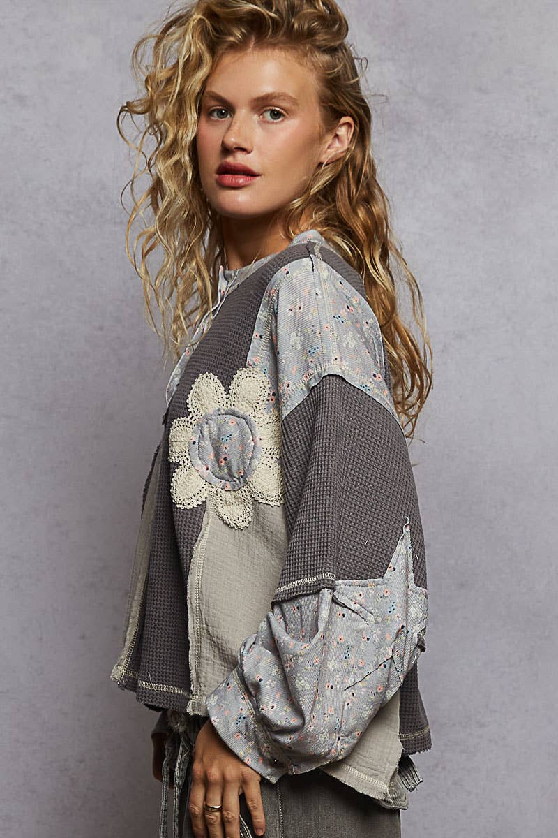 Pol Clothing - Round neck peace patch floral oversized fit knit top