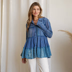 Young Threads - Mineral Wash Tiered Button-Down Blouse with Floral Details