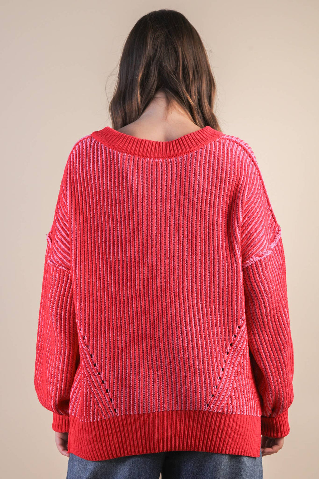 Oversized Two Tone Knit Casual Sweater Top