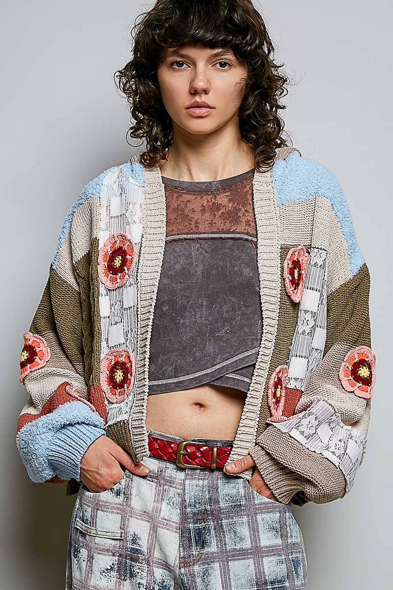 Pol Clothing - Mixed-Texture Patchwork Chenille Knit Crochet Cardigan