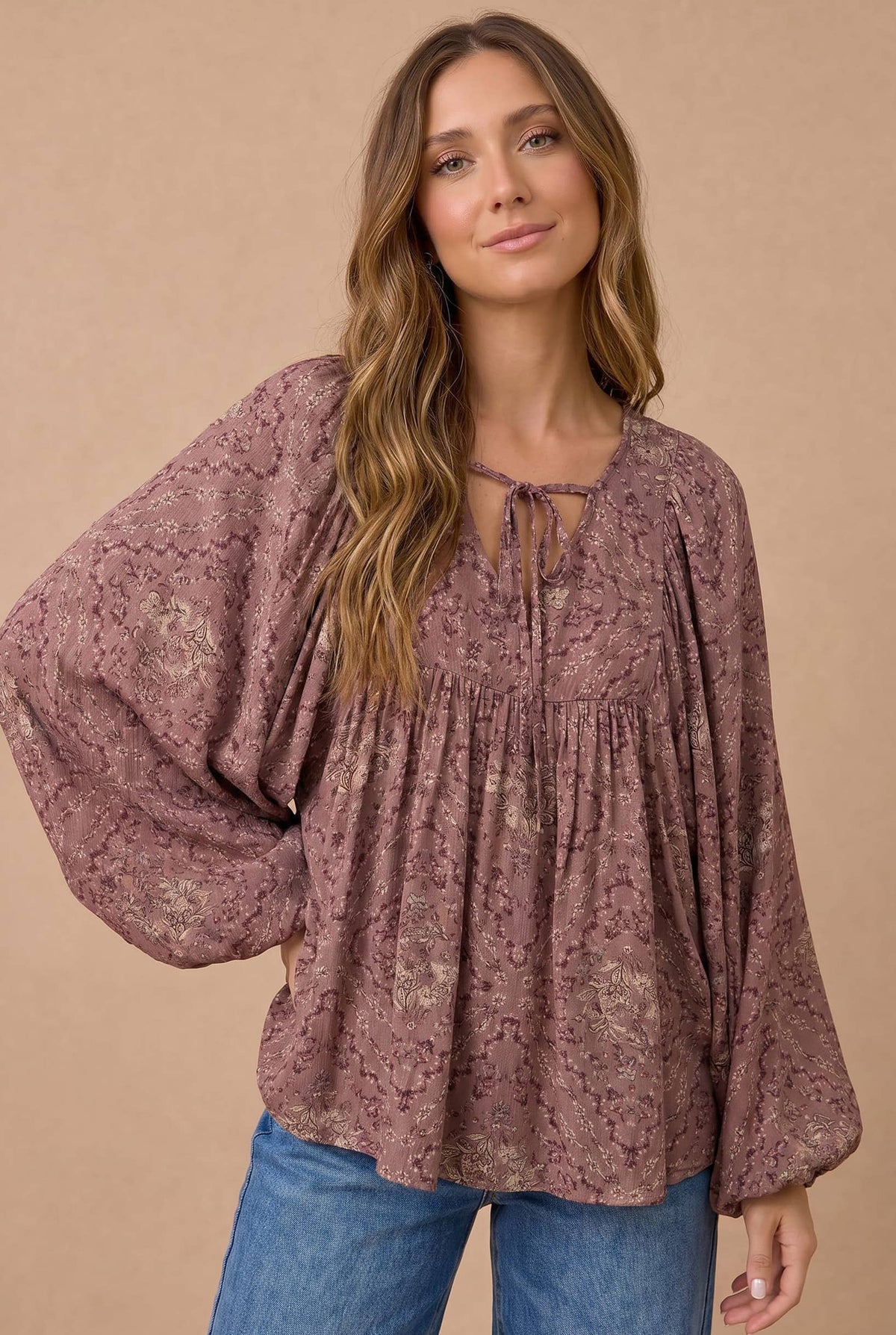 Haptics - Floral Crinkle Woven Peasant Blouse