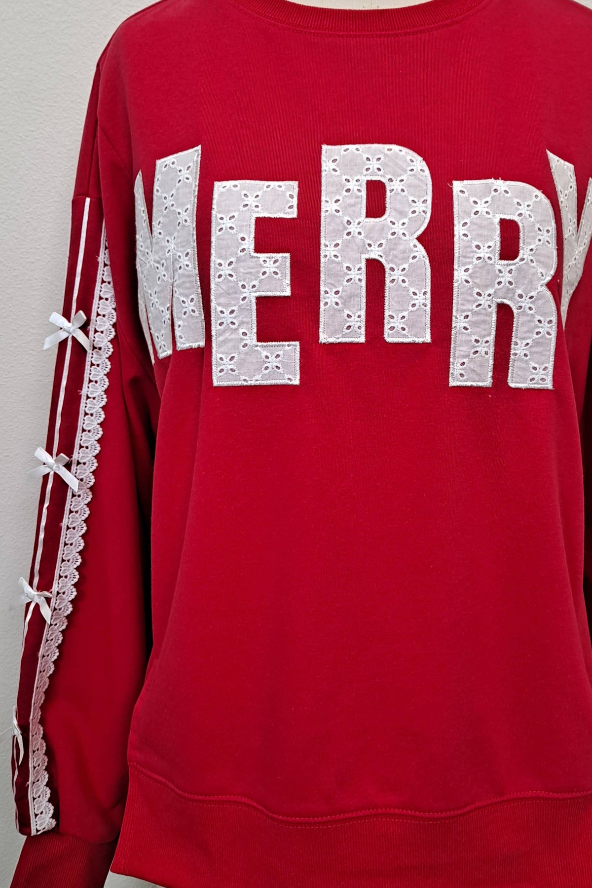 Main Strip - Merry Eyelet Lace Bow Sleeve Sweatshirt