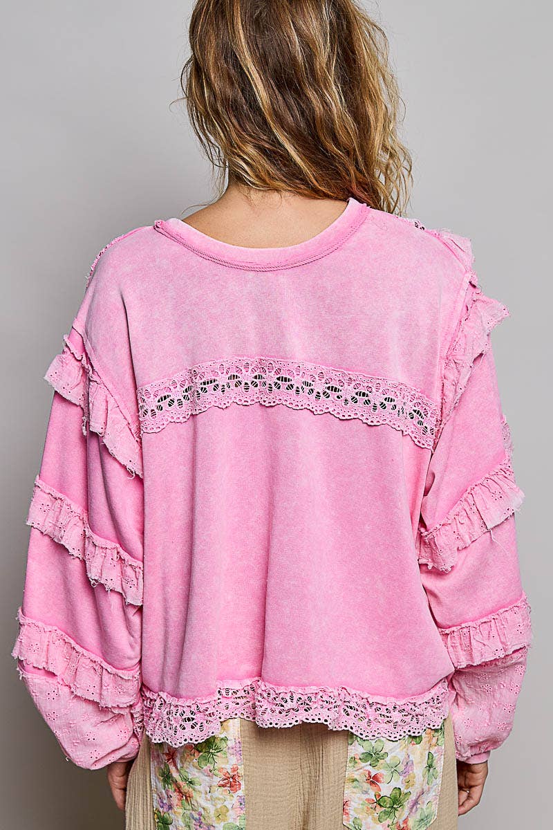 Pol Clothing - French Terry Eyelet Ruffle Vintage Washing Solid Knit Top