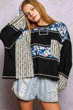 Marbella Long Sleeve Round Neck Floral Stripe Stitch Knit Top Pol Clothing
