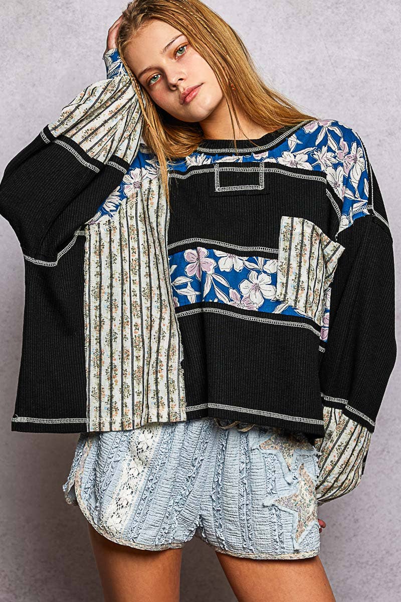 Marbella Long Sleeve Round Neck Floral Stripe Stitch Knit Top Pol Clothing