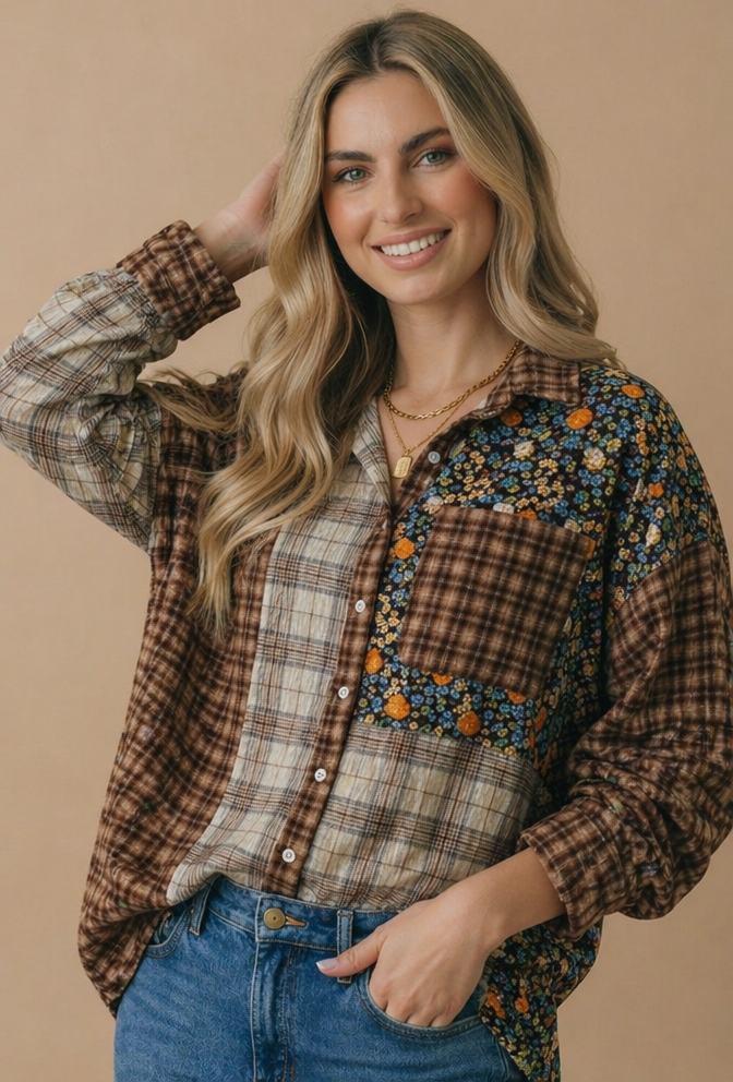Haptics - Button Down Color Block Oversized Top