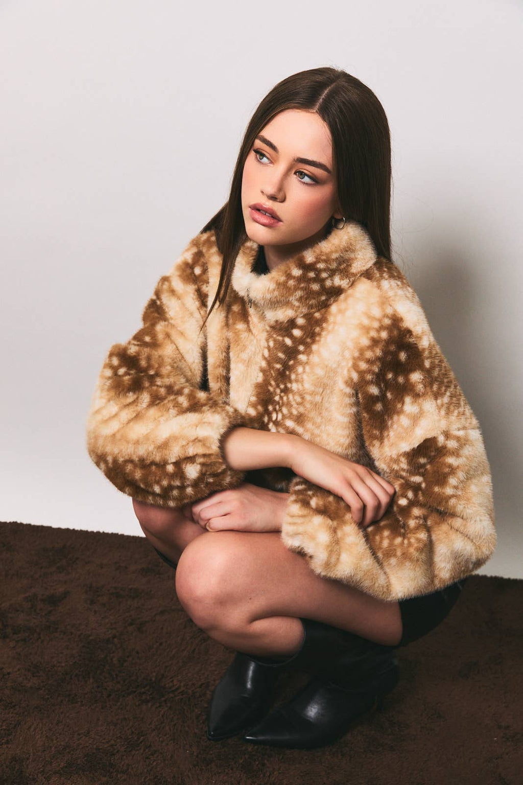 LE LIS - Faux Fur Deer Print Zip Jacket