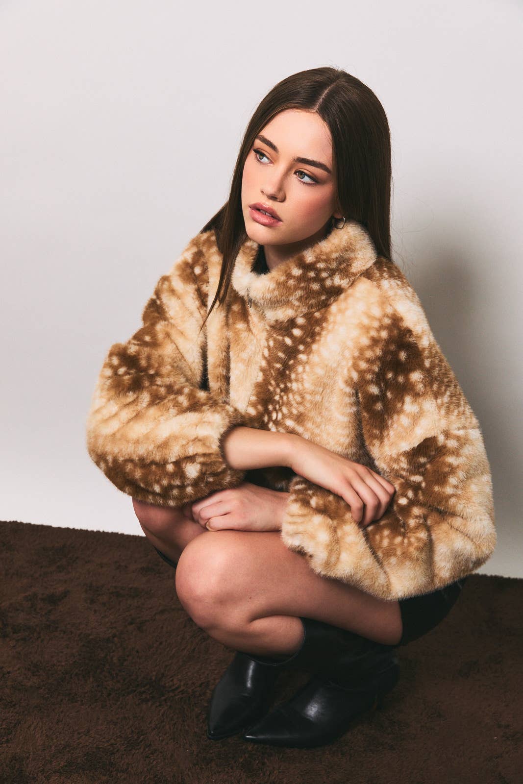 LE LIS - Faux Fur Deer Print Zip Jacket