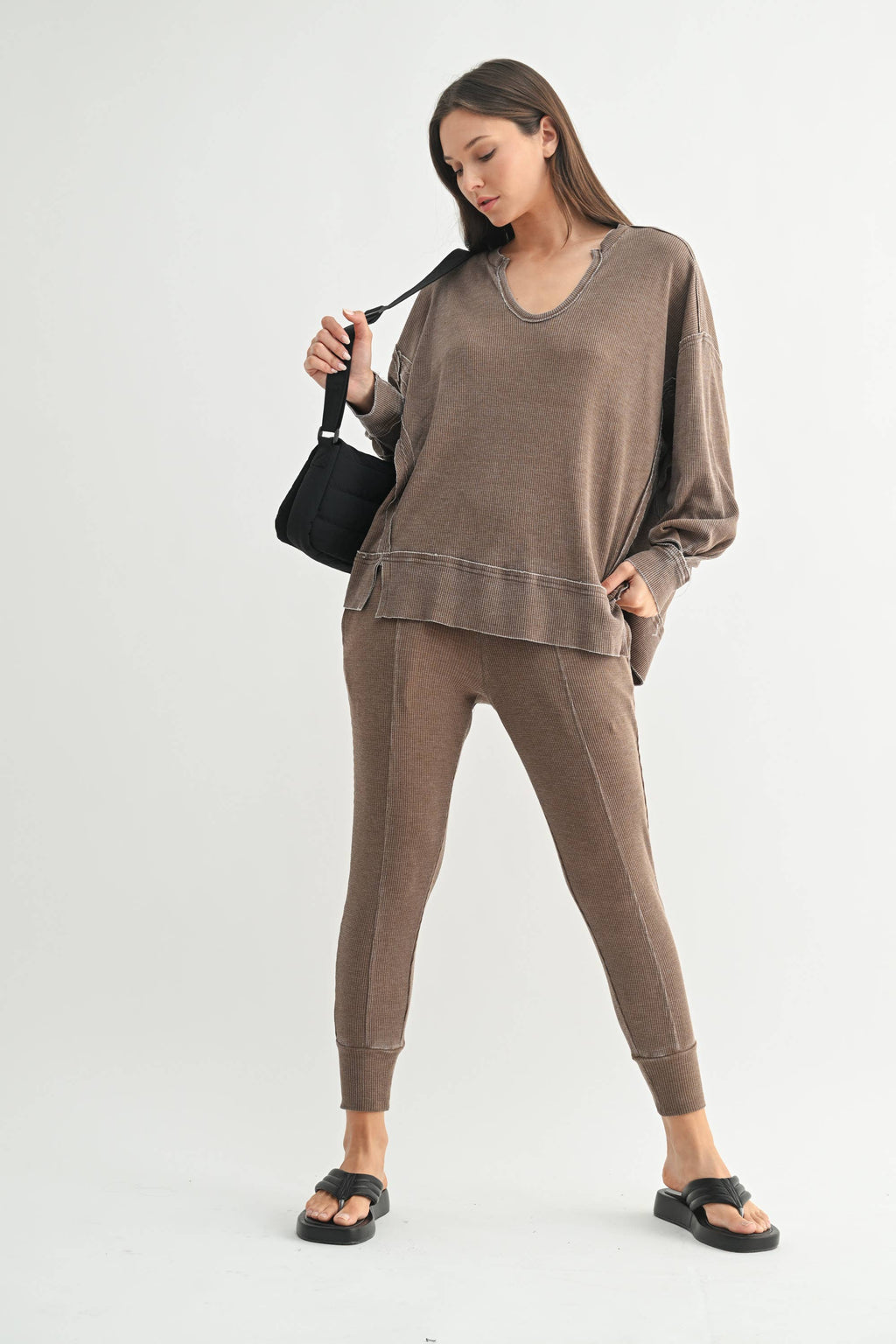 Cotton Blend Waffle Knit Oversized Long Sleeve