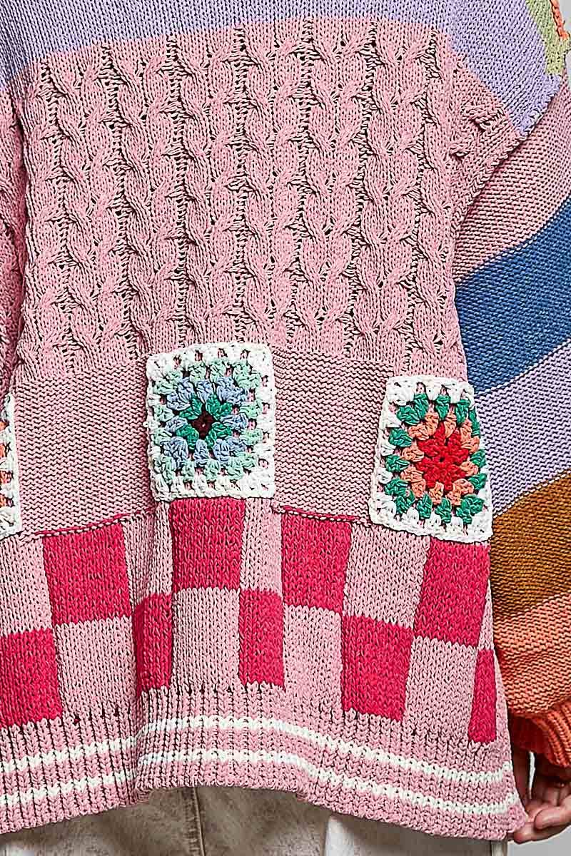 Pol Clothing - Handmade Patchwork Striped Chenille Sweater Open Cardigan