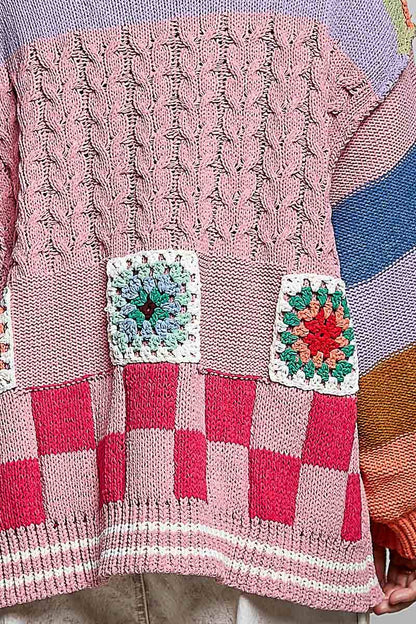 Pol Clothing - Handmade Patchwork Striped Chenille Sweater Open Cardigan