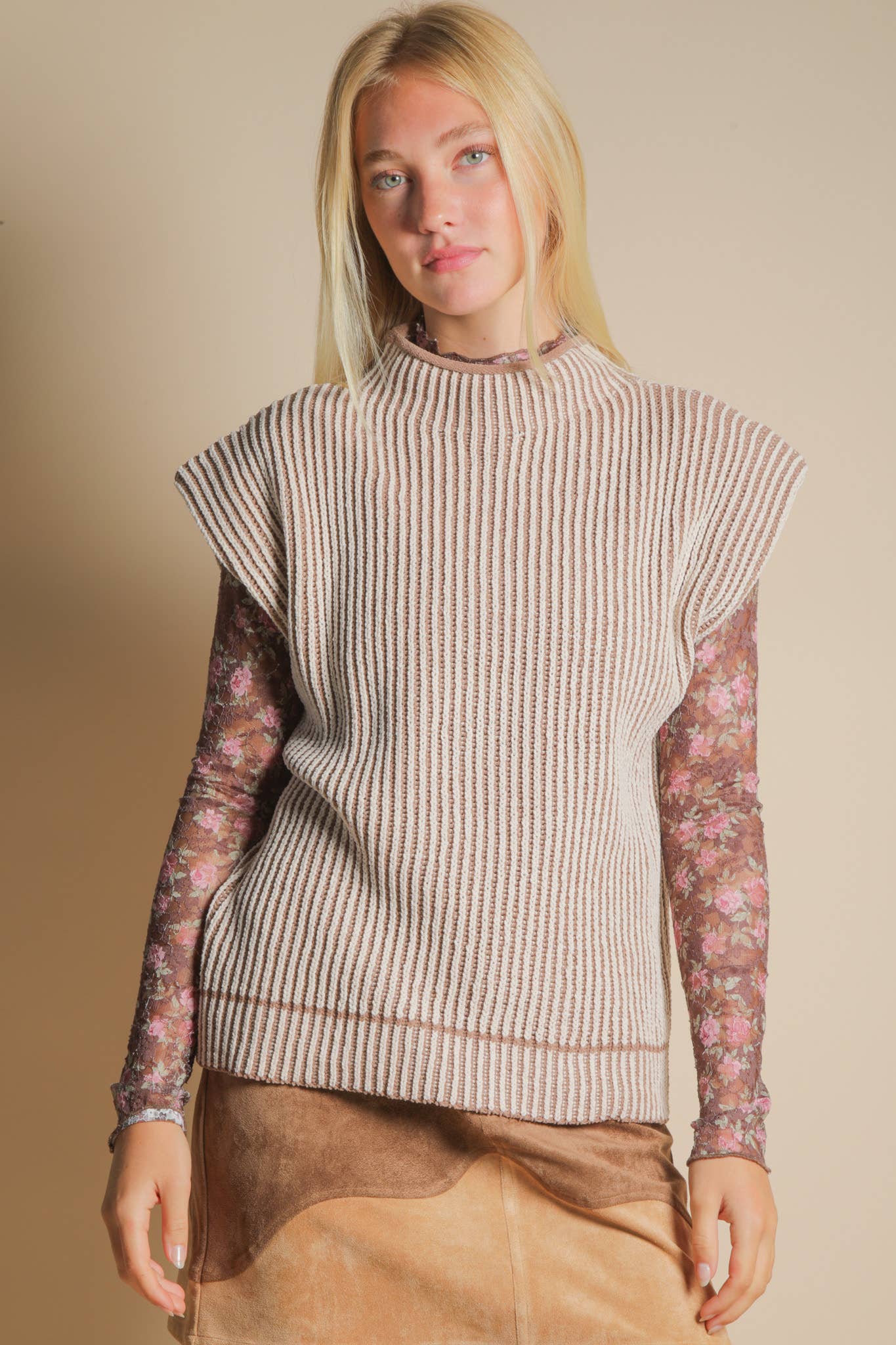 Two Tone Ribbed Knit Sweater Vest