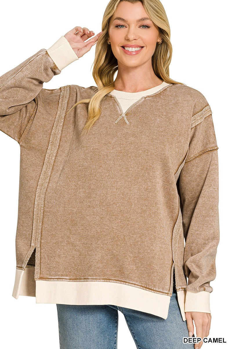 Fleece Acid Washed Contrast Trim Pullover
