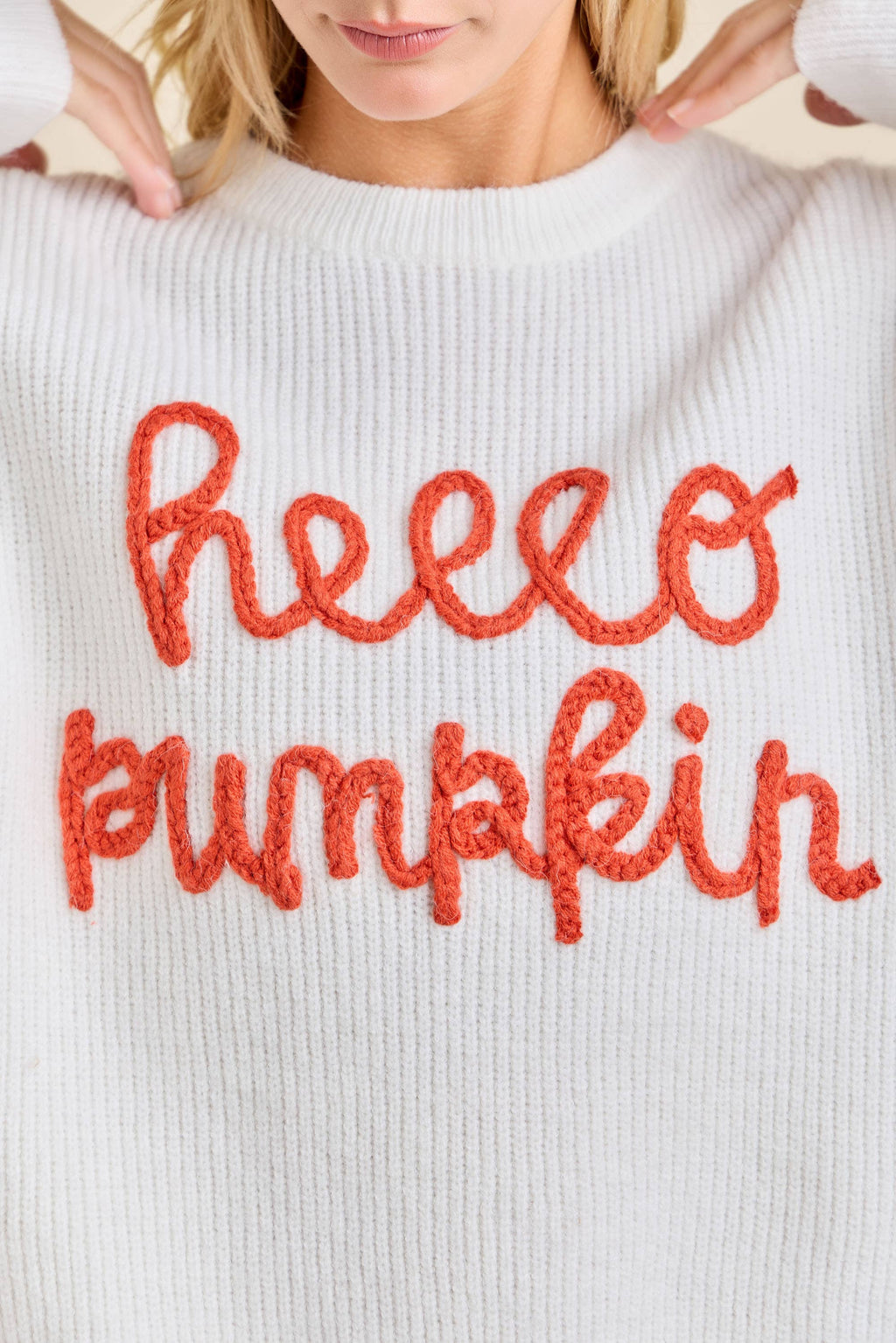 Main Strip - Hello Pumpkin Embroidered Knit Sweater – Fall Cozy Pullover