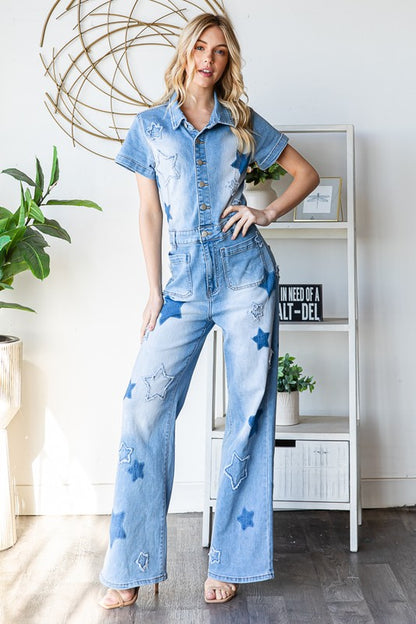 Oli And Hali Washed Star Printed Denim Romper