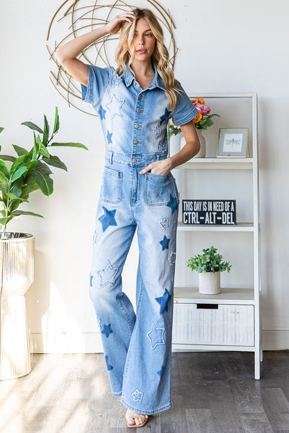Oli And Hali Washed Star Printed Denim Romper