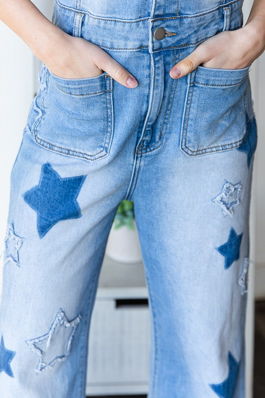 Oli And Hali Washed Star Printed Denim Romper