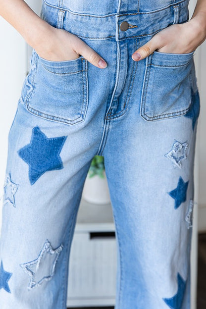 Oli And Hali Washed Star Printed Denim Romper