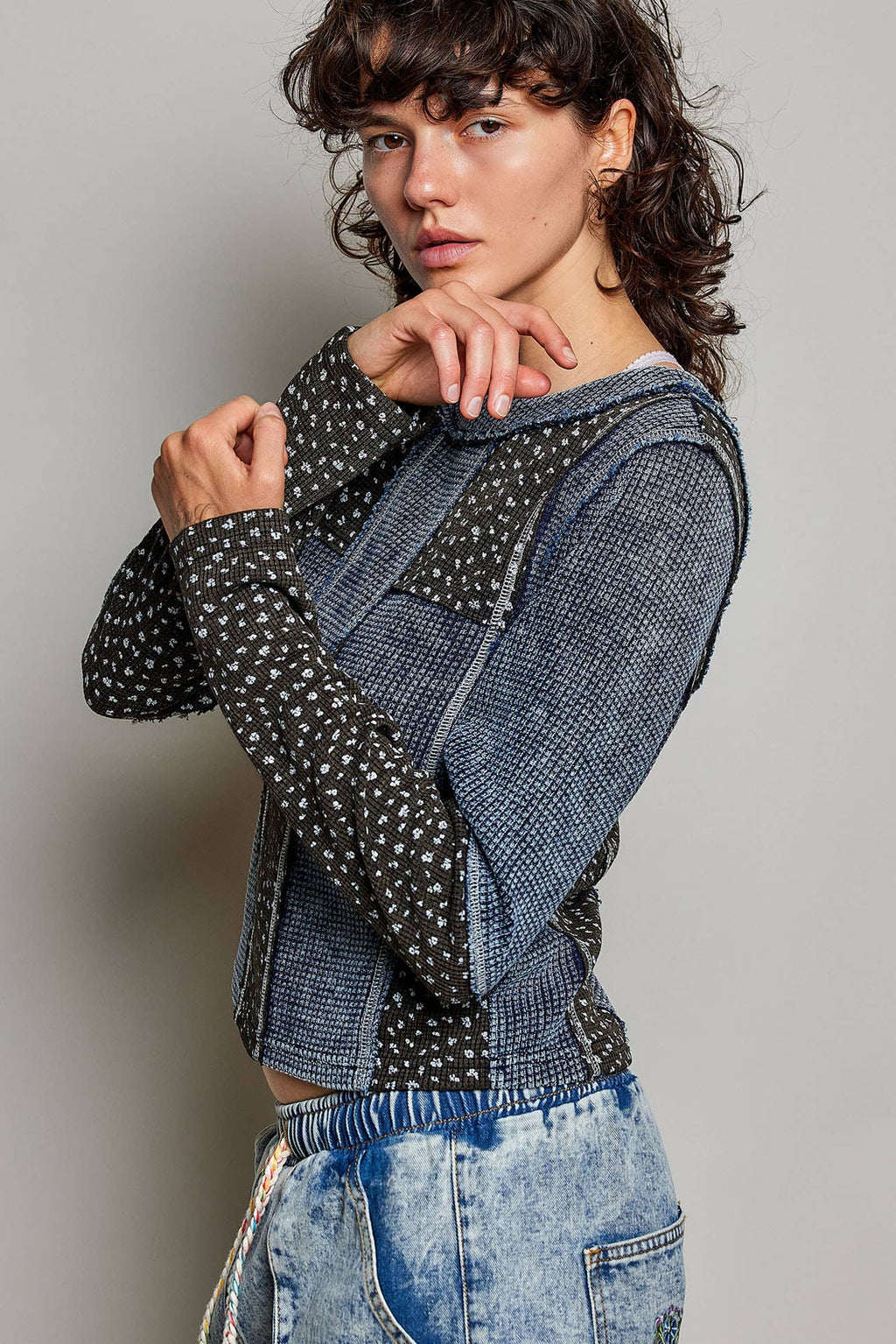 Pol Clothing - Waffle Knit Contrast Patchwork Top