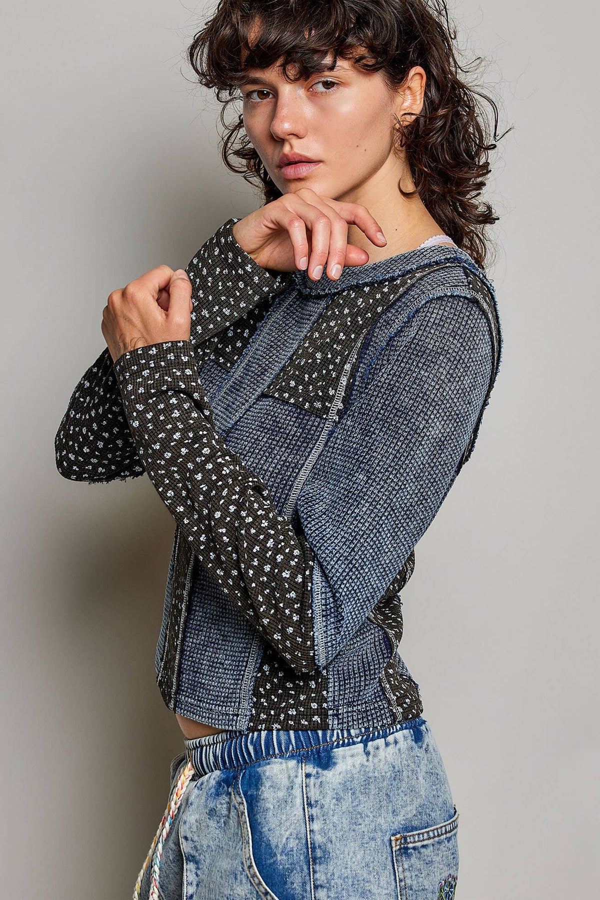 Pol Clothing - Waffle Knit Contrast Patchwork Top