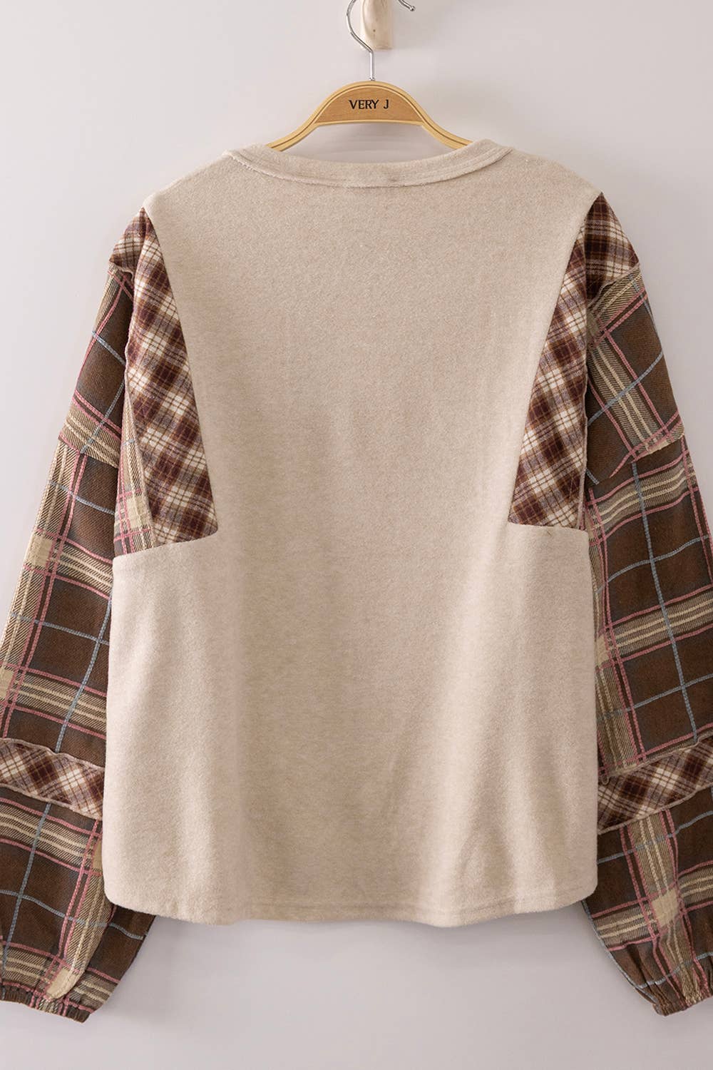 Havanah Contrast Plaid Sleeve Top