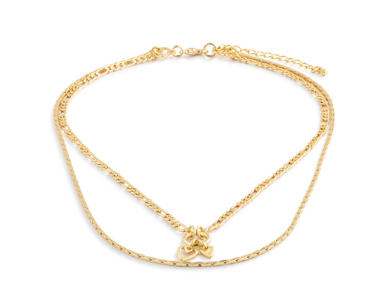 Double Heart Gold Charm Layered Necklace -16in