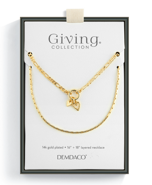 Double Heart Gold Charm Layered Necklace -16in