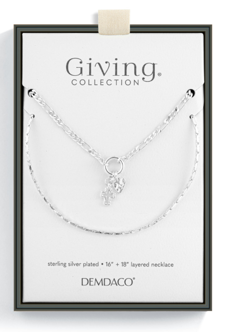 Double Heart Silver Charm Layered Necklace -16in