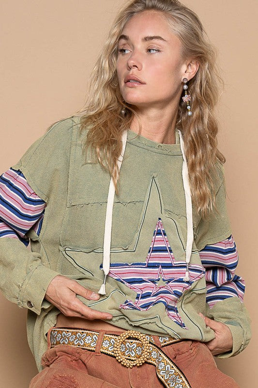 Star patch-work frayed edge french terry hoodie