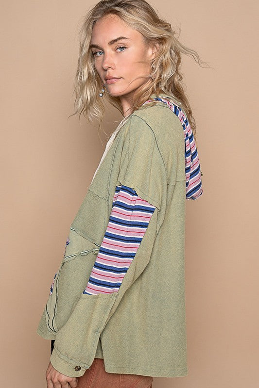 Star patch-work frayed edge french terry hoodie