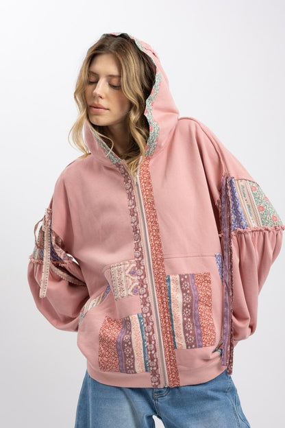 Multi Block Patchwork Zip Up Hoodie