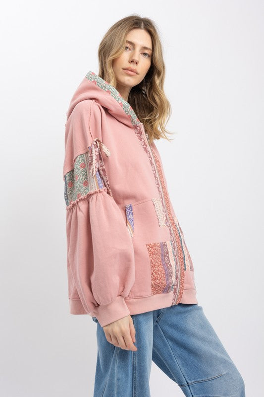 Multi Block Patchwork Zip Up Hoodie