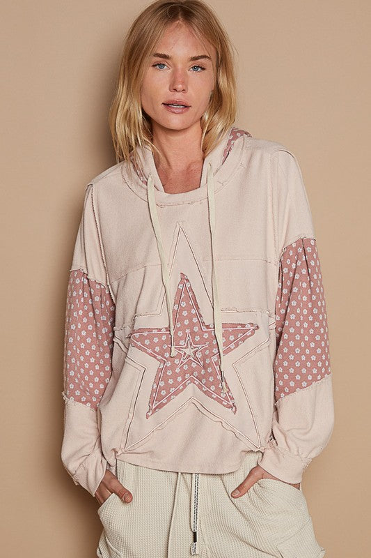 Star patch-work frayed edge french terry hoodie
