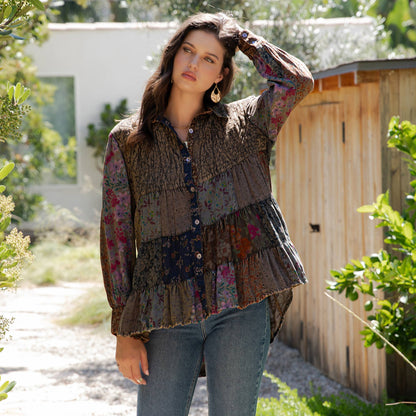 Young Threads - Front-Open Boho Shirt with Quilted Emb & Rayon Tiers