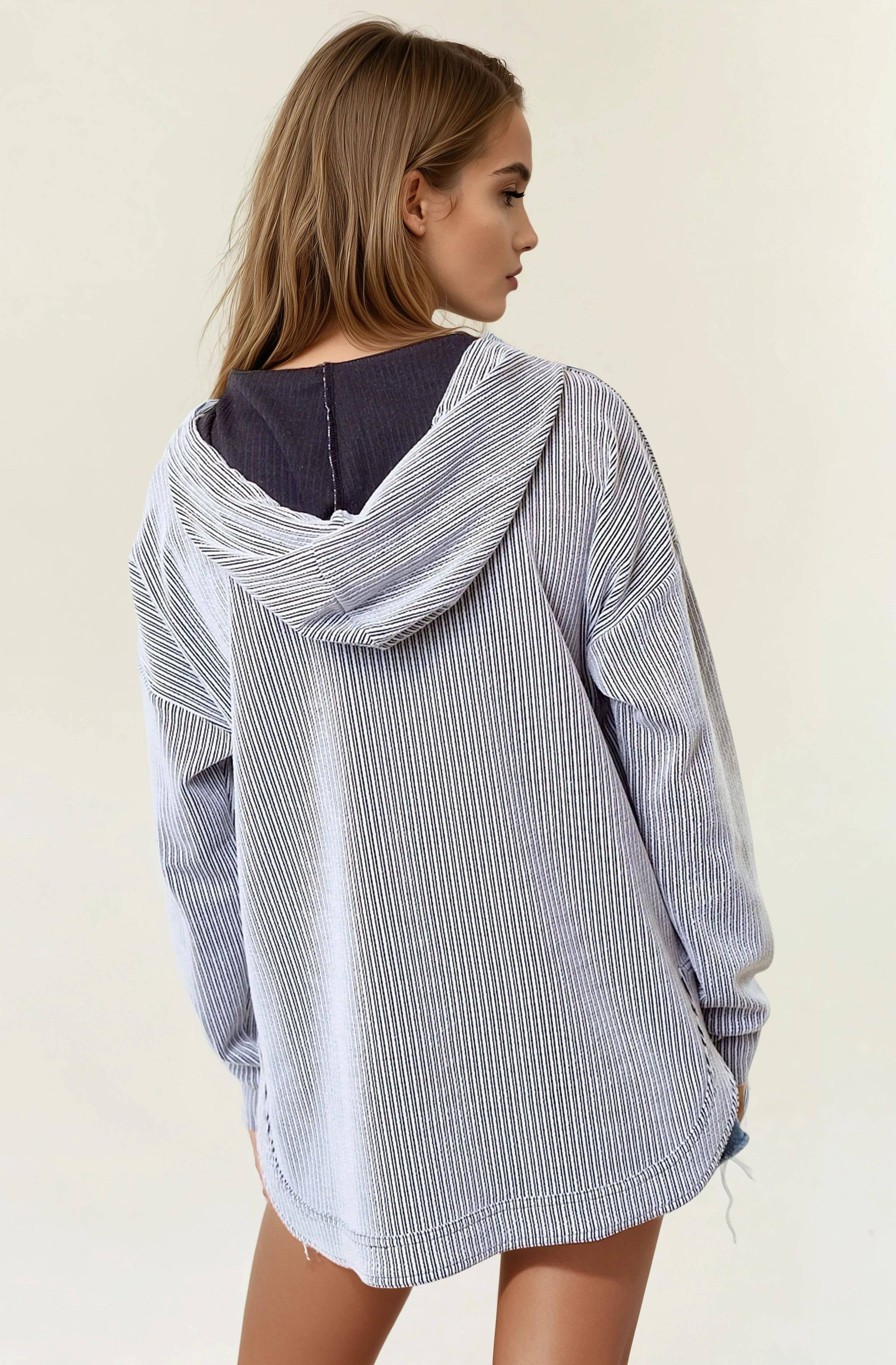 Doe and Rae - Stripe V-Neckline Long Sleeve Hooded Sweatshirt - 44627T