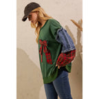 Sage + Fig - PLAID BOW DENIM SLEEVE PULLOVER (ST8117)
