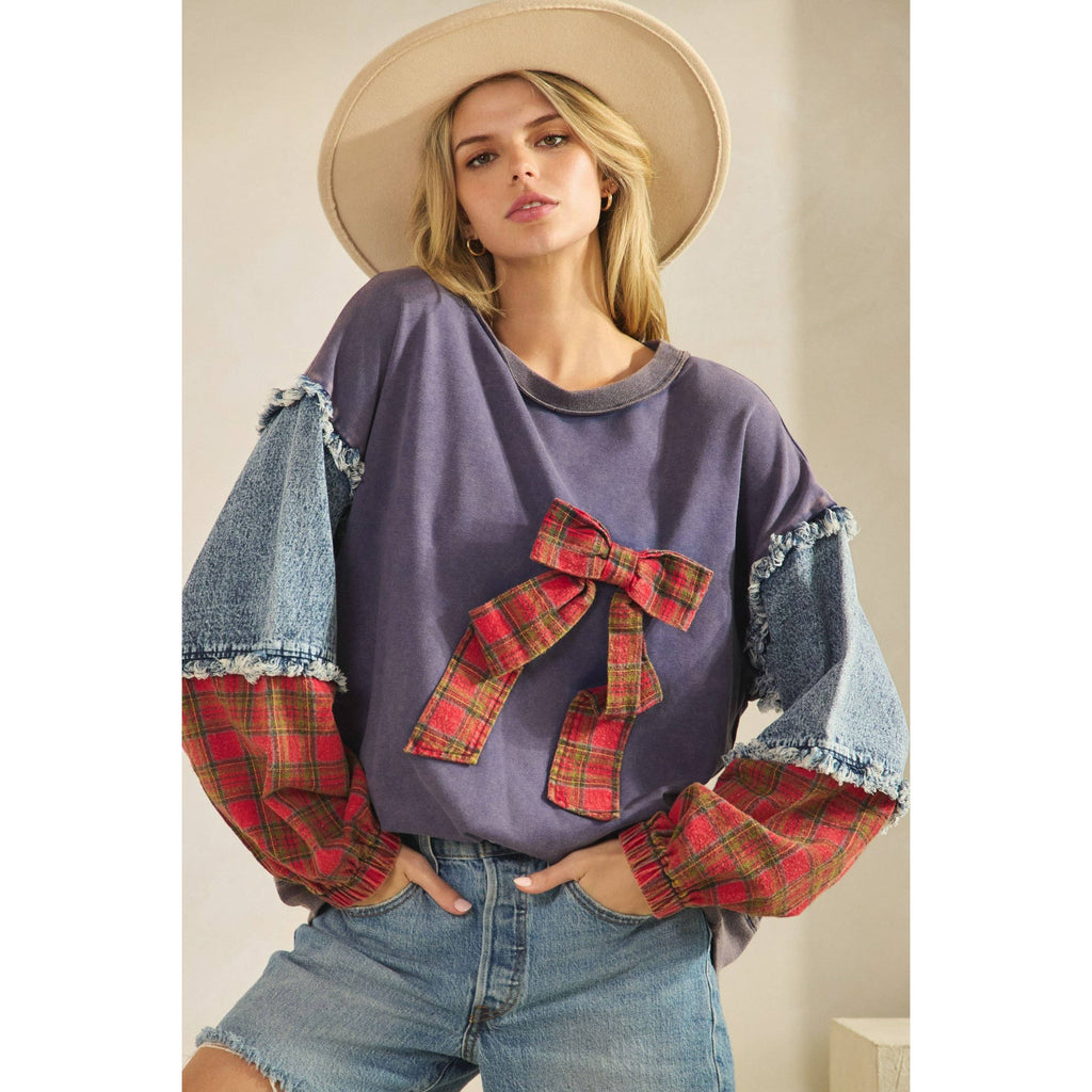 Sage + Fig - PLAID BOW DENIM SLEEVE PULLOVER (ST8117)
