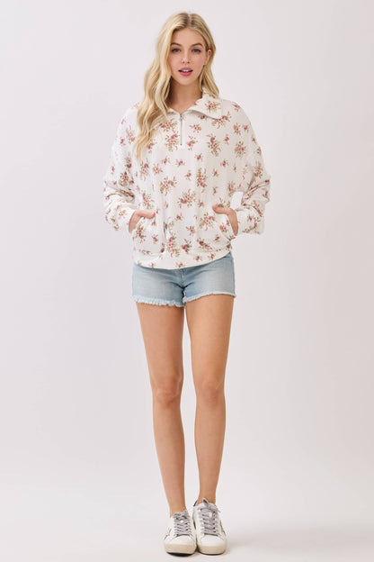 Floral Ribbed Quarter-Zip Pullover