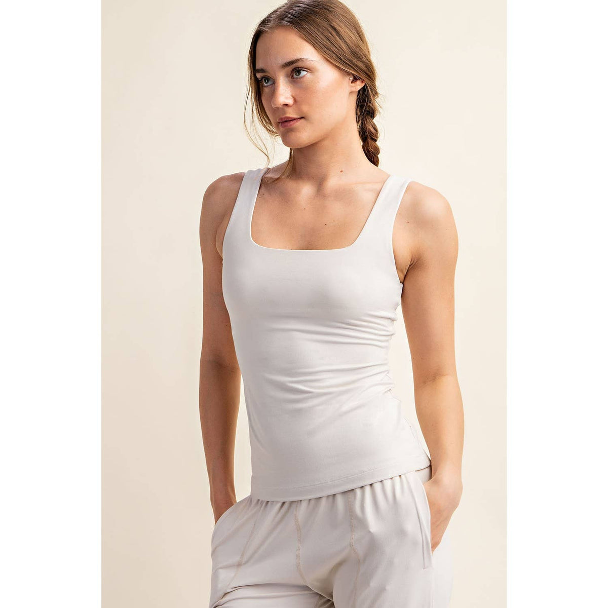 BUTTER FABRIC SQUARE NECKLINE SLEEVELESS TANK TOP