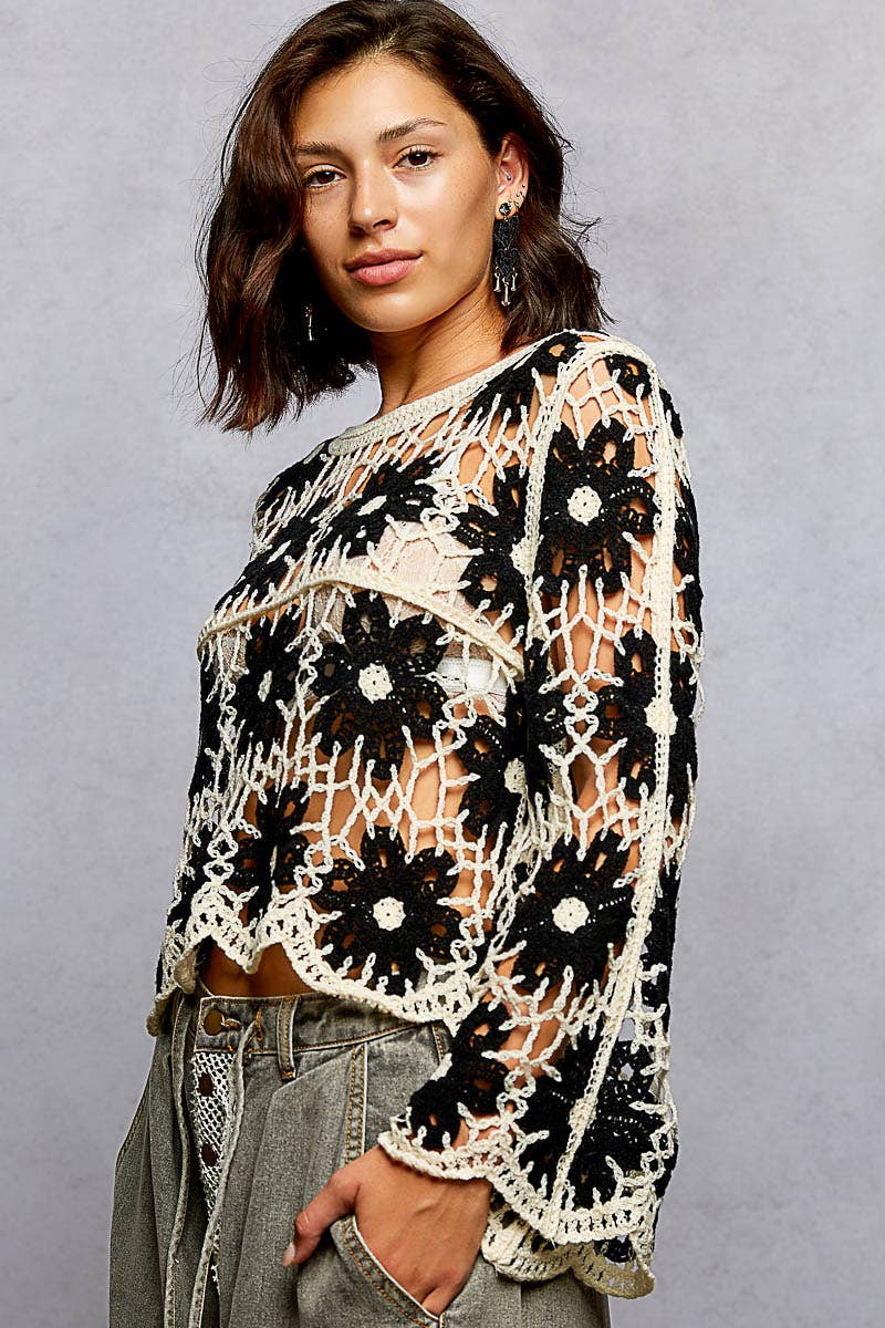 Pol Clothing - Round Neck Floral Weave Knit Long Sleeve Crochet Top