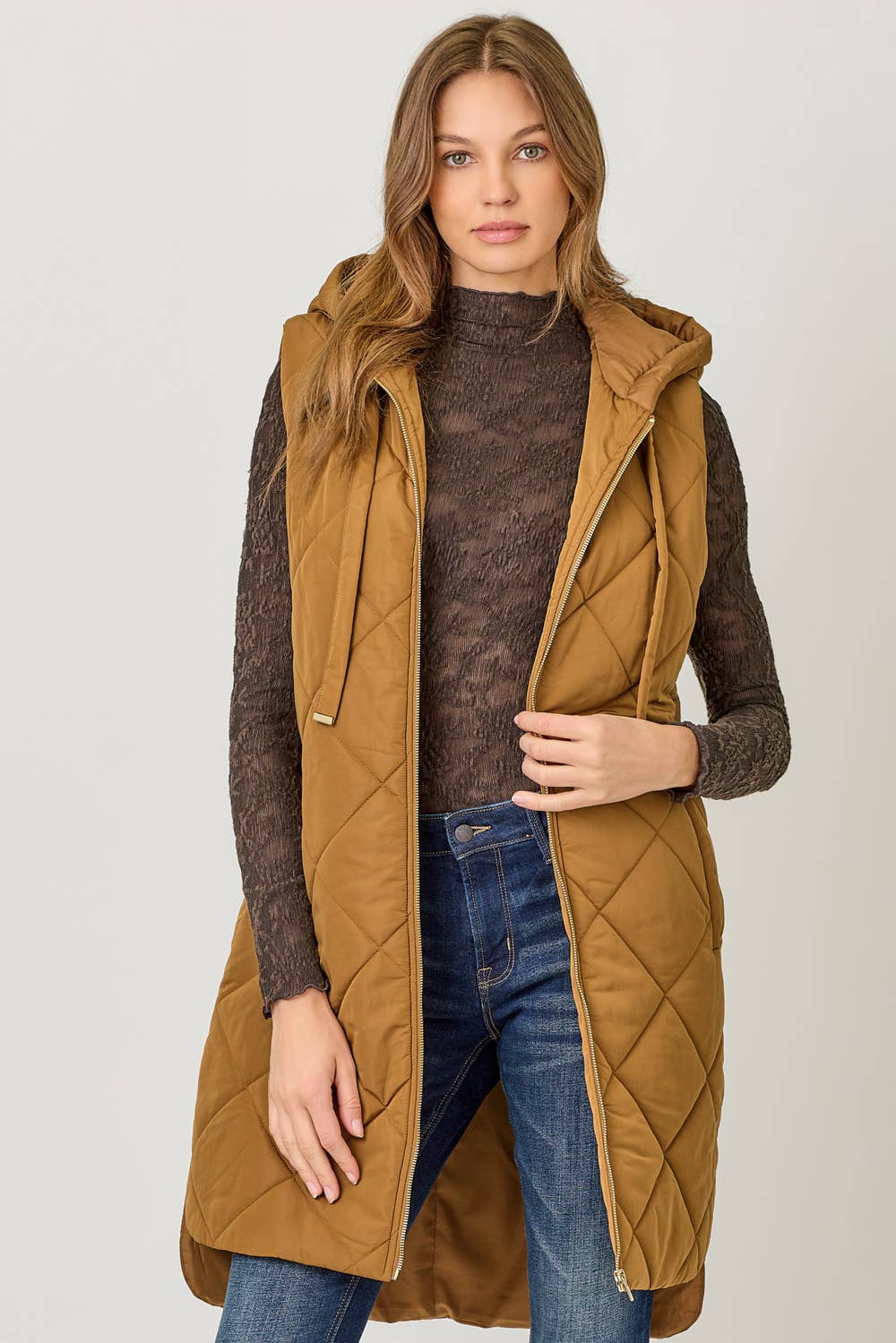 Mystree Quilted Puffer Long Hoodie Vest