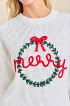 Main Strip - Merry Wreath Knit Sweater with Red Bow – Holiday Pullover