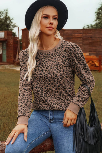 Ribbed Trim Leopard Print Long Sleeve Top