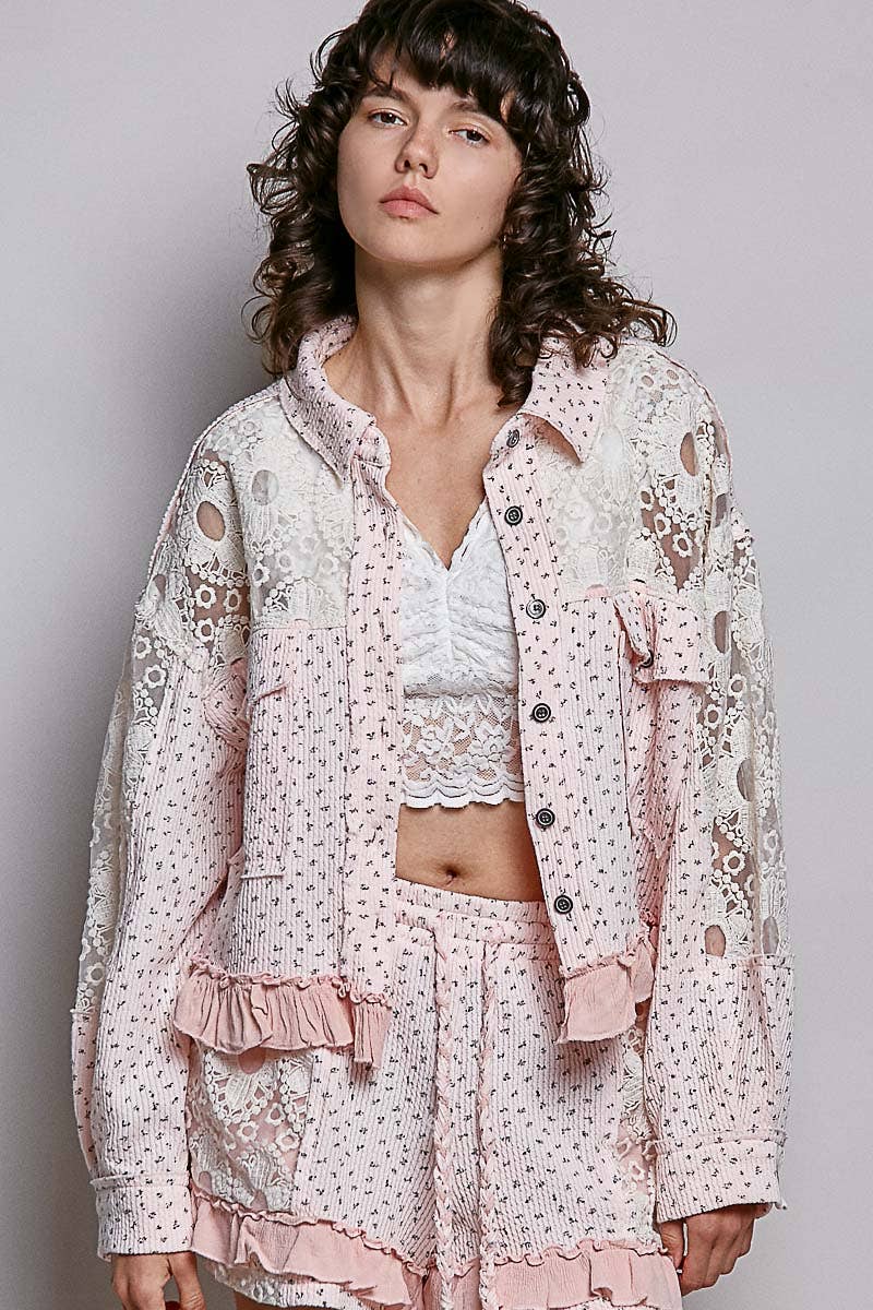 Pol Clothing - Floral Knit Balloon Sleeve Lace Patch Jacket Top