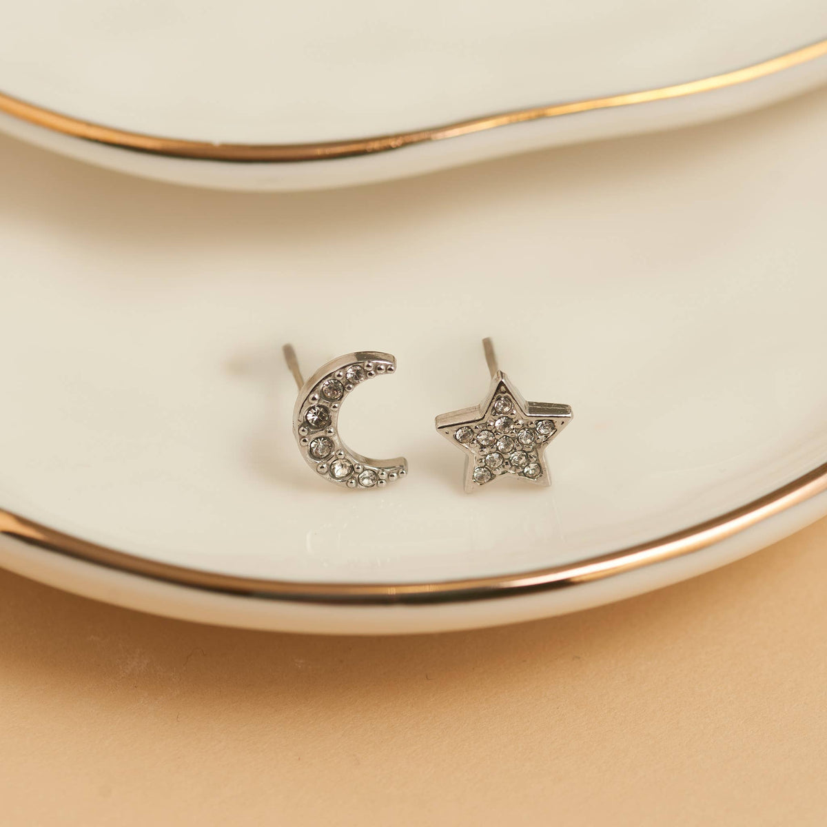 Howard's - Waterproof Earrings Pave Star & Moon Stud in Gold & Steel